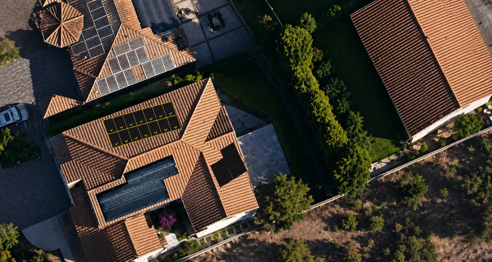 Aerial drone view of rooftop solar planning and design analysis