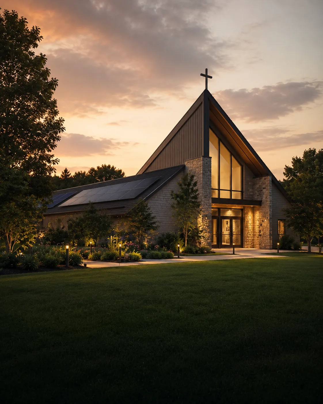 Church building with solar panels at sunset