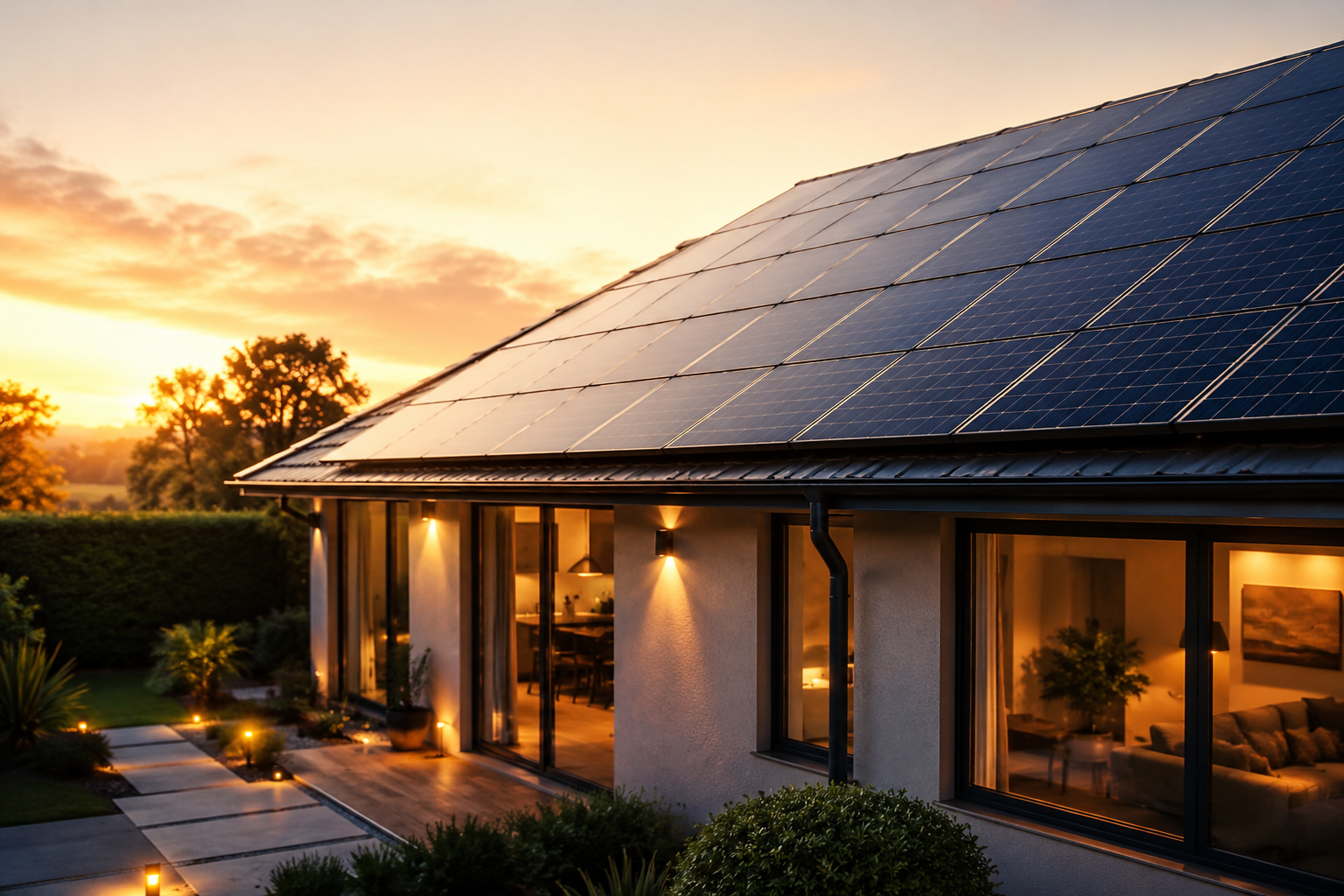 Modern home with rooftop solar at sunset