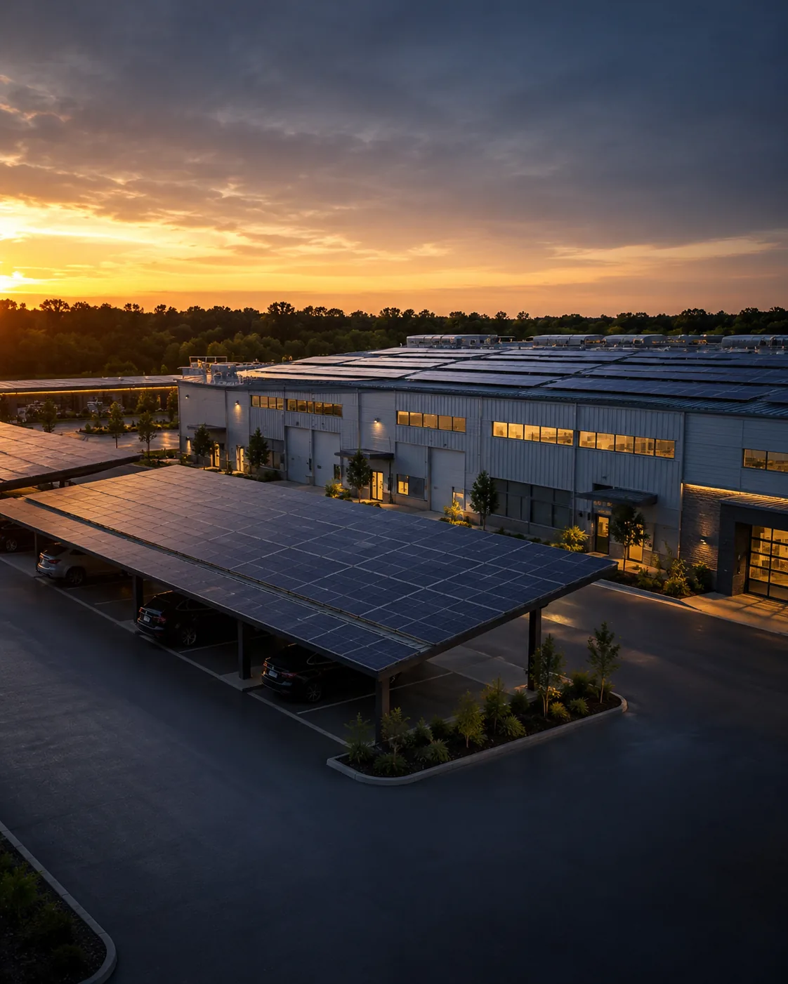 Manufacturing facility with solar carport installation