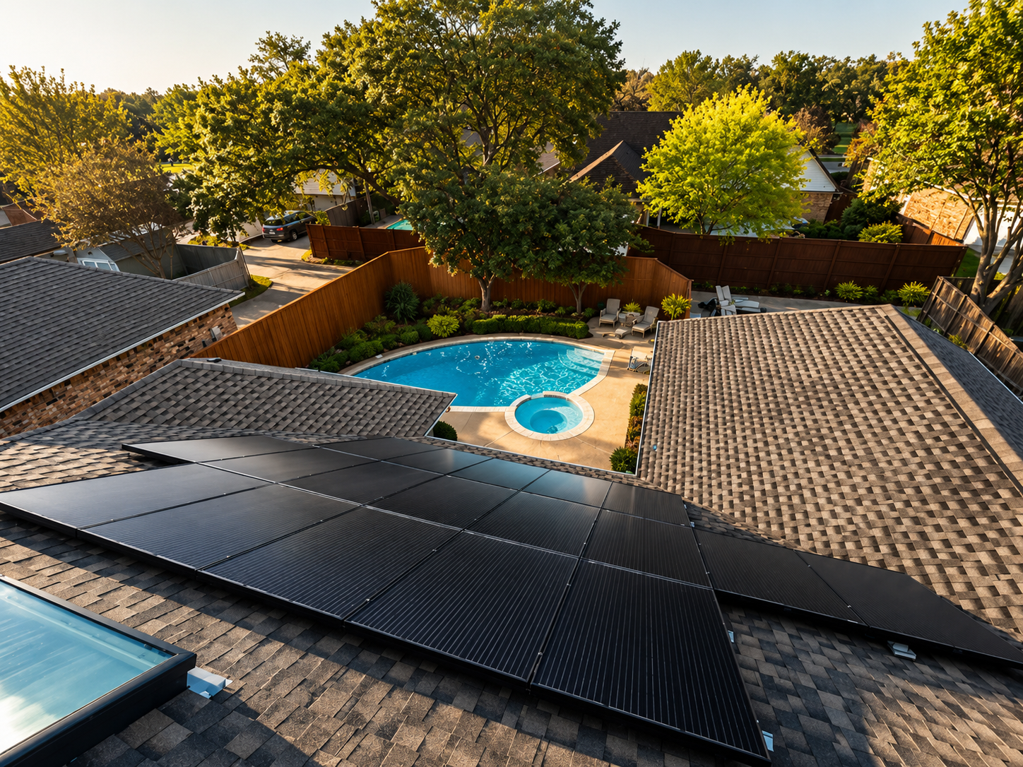 Aerial view of residential solar installation with pool